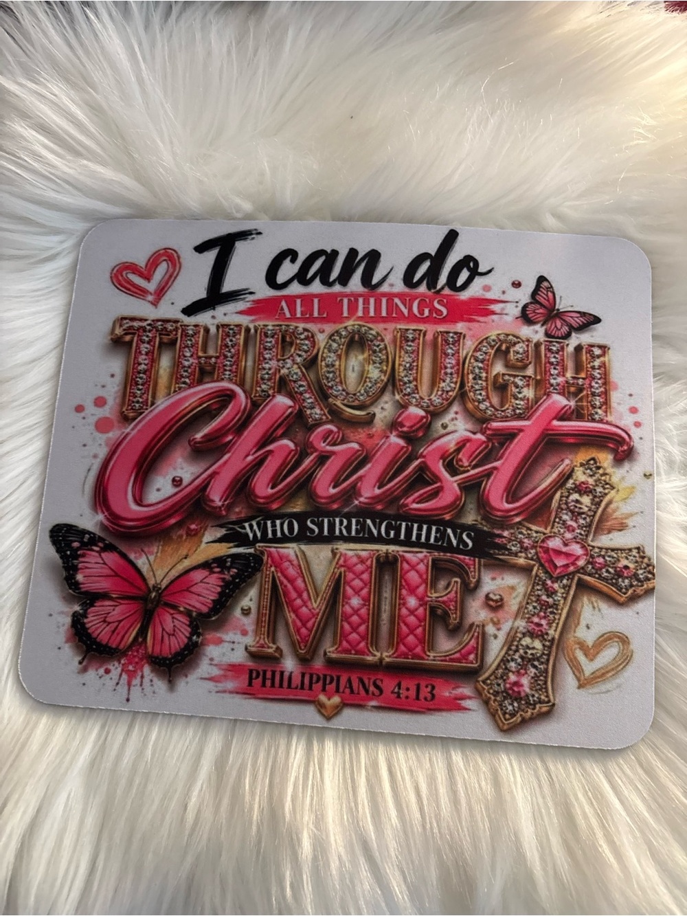 Pink "I Can Do All Things Through Christ" Inspirational mouse pad